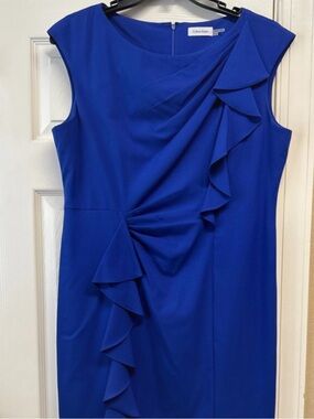 Calvin Klein Cobalt Blue Sleeveless Ruffle Sheath Dress